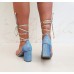       Sandália Salto Bloco De Amarração Frente Vinil Glitter Azul - Sandália - Levit Calçados